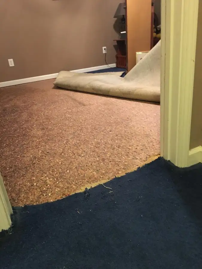 Carpet pad removal revealing water damage during Drying & Dehumidification in Wilmore
